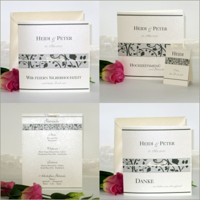 Wundervolle Silberhochzeitspapeterie mit floralem Motiv in dunkelgrün auf creme Verspieltes Kartenset zur Silberhochzeit mit Ranken und Blüten in dunkelgrün