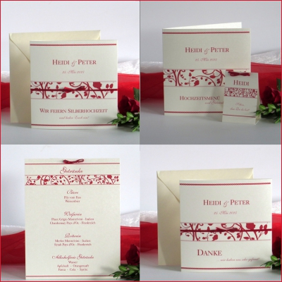 Silberhochzeitskarten mit floralem Design in tollem rot In edlem rot und trendigem Design aus Blüten und Ranken gestaltete Silberhochzeitspapeterie