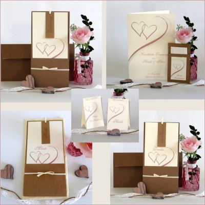 Kartenset für eine romantische Hochzeit mit zwei verschlungenen Herzen in rosa und taupe.