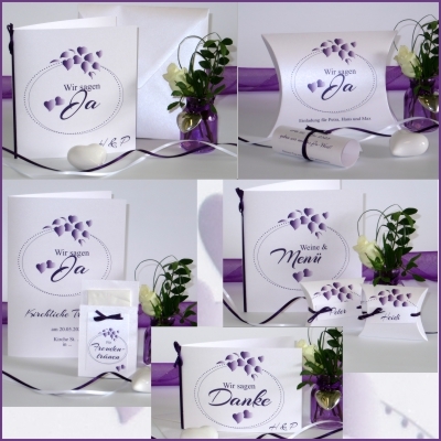 Einzigartige Hochzeitskollektion mit Herzmotiv in lila Stylische Hochzeitskarten mit extravagantem Herzdesign in lila
