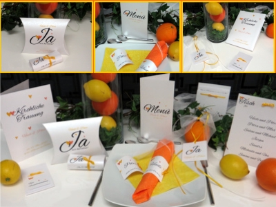 Hochzeitskollektion Herzle gelb und orange Modische Hochzeitspapeterie mit Herzle in orange und gelb