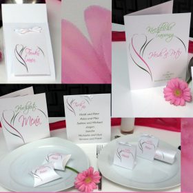 Diese Hochzeitskollektion "Blüte" in pink und grün wirkt edel und festlich.