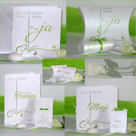 Hochzeitskartenset mit Ornamenten und edlen Schriften in grün.