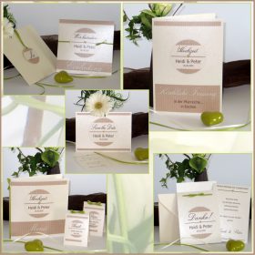 Hochzeitspapeterie in edlen Farben. Ein modernes Streifedesign ist auf allen Hochzeitskarten zu sehen.