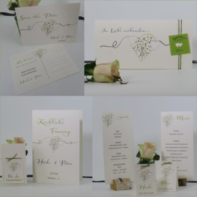 Nachhaltige Hochzeitspapeterie aus Recyclingkarton mit einem romantischen Design in grün und grau