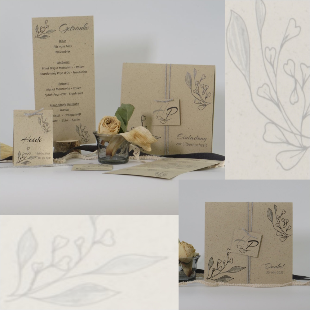 Nachhaltige Papeterie für die Silberhochzeit aus Graskarton mit einem floralen Motiv in grau