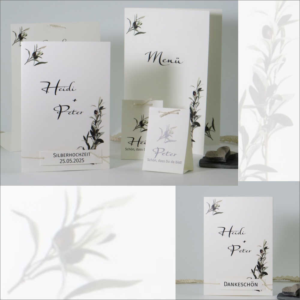 silberhochzeitspapeterie_olive_creme Papeterie zur Silberhochzeit "Olive" creme