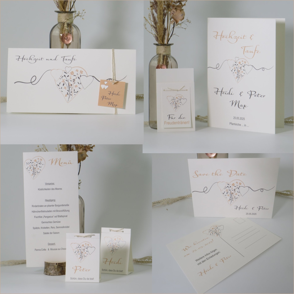 Karten für die Hochzeit und Taufe aus Recyclingkarton mit einem romantischen Aufdruck in apricot.
