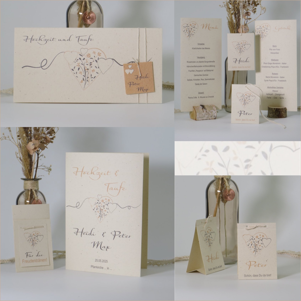 Traufkarten aus verschiedenen nachhaltigen Materialien mit einem romantischen Design in apricot.
