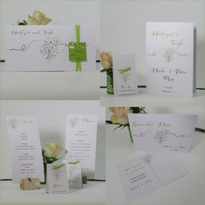 Hochzeits- und Taufkarten aus Recyclingkarton mit grünen Details.