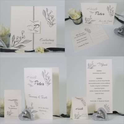Stilvolle Papeterie zur Hochzeit und Taufe aus cremefarbenem Umweltpapier in grau bedruckt und mit Baumwollbändern