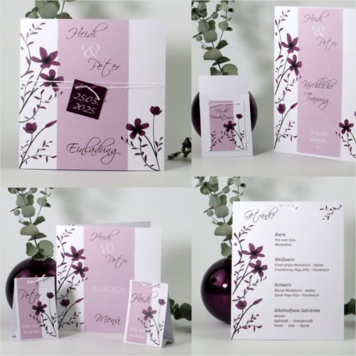 Nachhaltige Hochzeitspapeterie aus Recyclingkarton mit einem floralen Motiv in aubergine