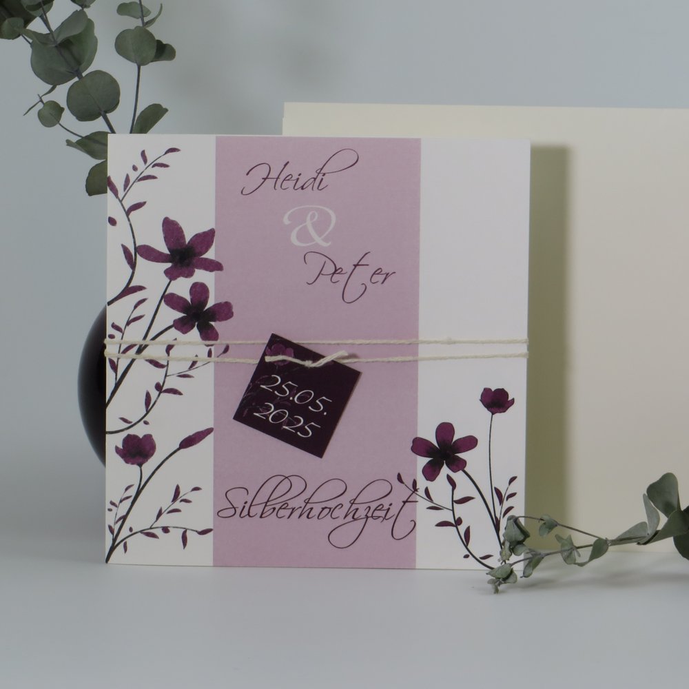 Einladung zur Silberhochzeit "Blumenstreifen" aubergine creme