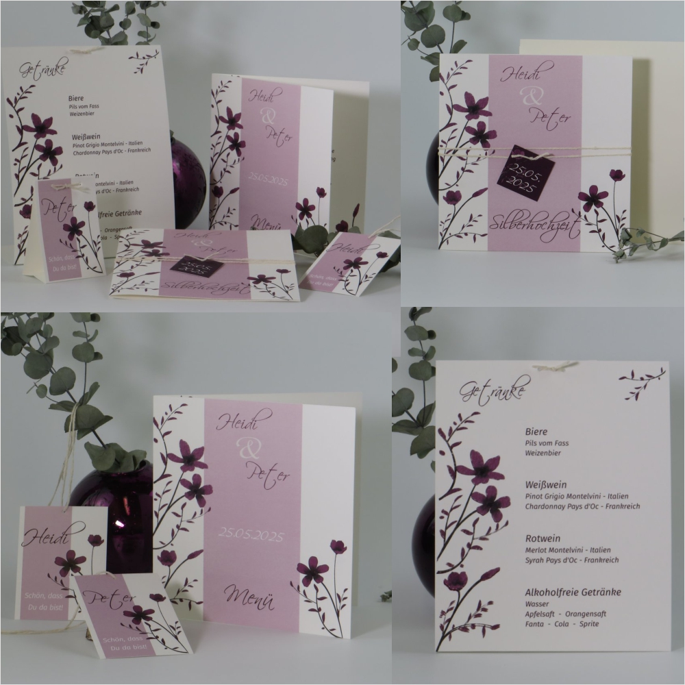 silberhochzeit_papeterie_blumenstreifen_aubergine_creme Edle Silberhochzeitspapeterie aus Recyclingkarton mit einem modernen Aufdruck in aubergine