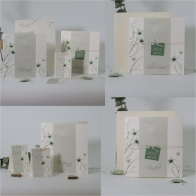 Nachhaltige Papeterie für die Silberhochzeit aus Recyclingkarton mit einem floralen Motiv in grün
