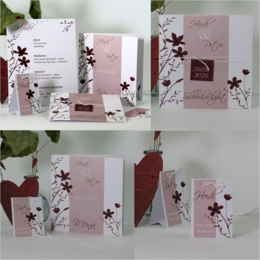 Silberhochzeitspapeterie mit blumigen Design aus Naturkarton.