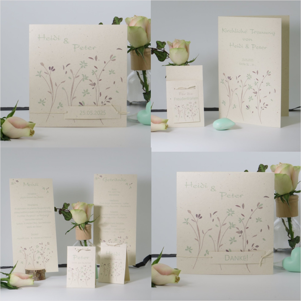 Nachhaltige Hochzeitspapeterie aus Recyclingkarton mit einem floralen Motiv in grün und braun