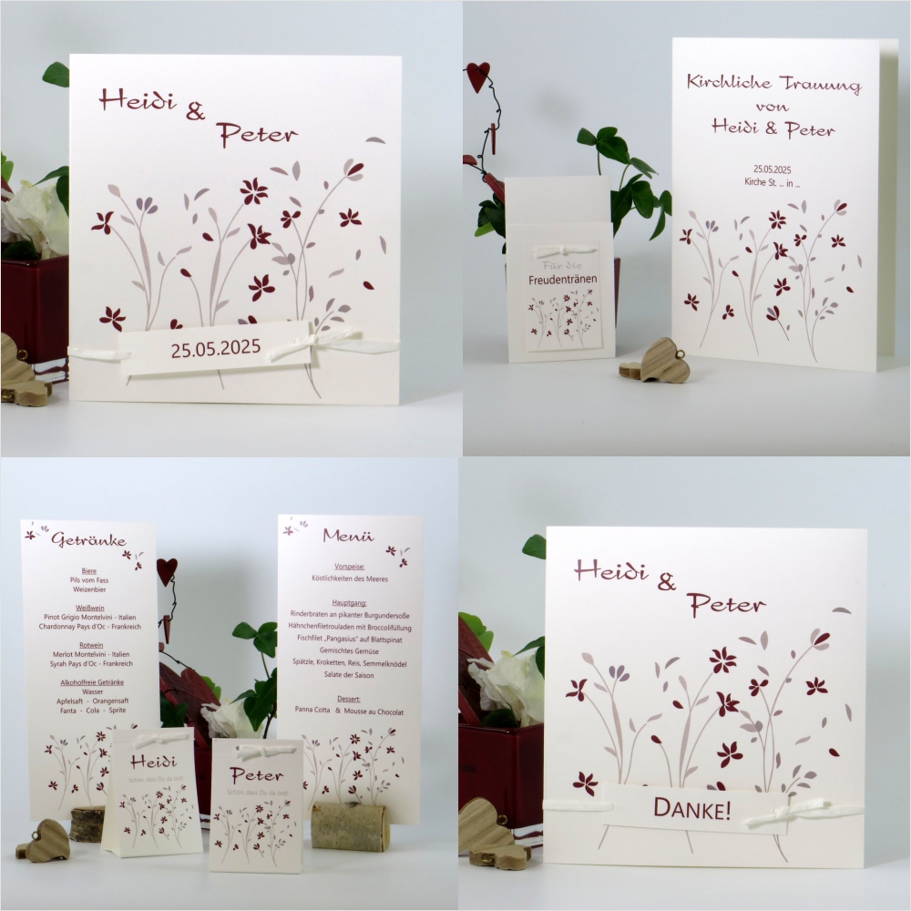 Blumige Hochzeitspapeterie aus Naturkarton mit roten Blüten auf creme.