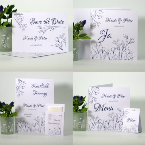 Hochzeitskartenset mit blauen Blumenprint.