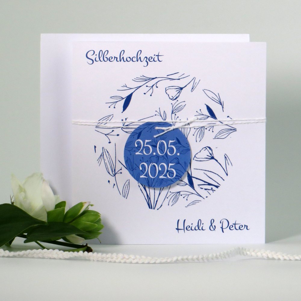 Einladung zur Silberhochzeit "Blütenwalzer" blau