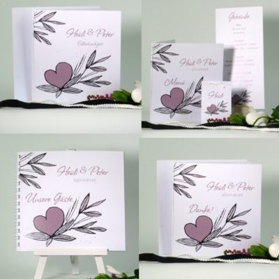 Silberhochzeit Kartenset mit Zweigen und einem großen Herz in rosa.