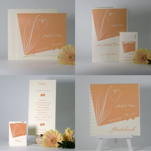 Elegantes Hochzeitsset in apricot mit Herzdesign und modernen Schriften.