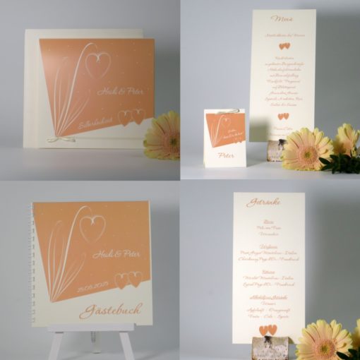 Ausgefallene Silberhochzeitspapeterie in apricot mit Herzen und modernen Schriften.