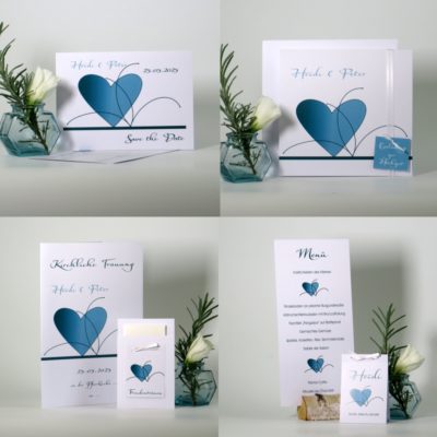 Modernes Kartenset zur Hochzeit mit einem großen Herz in türkis auf weiß.
