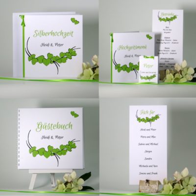 Originelles Kartenset zur Silberhochzeit mit romantischen Herzen in grün.