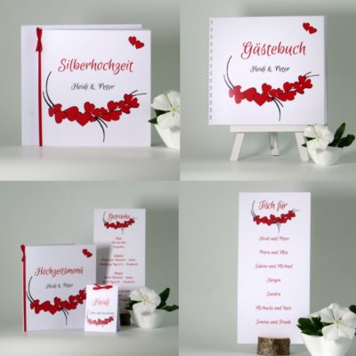 Kartenset zur Silberhochzeit in romantischen rot mit süßen Herzen.